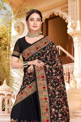 Black Kashmiri Resham Embroidered Georgette Party Wear Saree With Blouse Piece