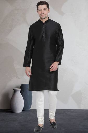 Black art dupion silk mens plain kurta pajama