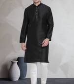 Black art dupion silk mens plain kurta pajama