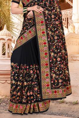 Black Kashmiri Resham Embroidered Georgette Party Wear Saree With Blouse Piece 4
