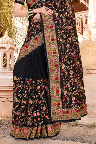 Black Kashmiri Resham Embroidered Georgette Party Wear Saree With Blouse Piece