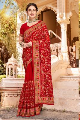 Red Kashmiri Resham Embroidered Georgette Party Wear Saree With Blouse Piece 1