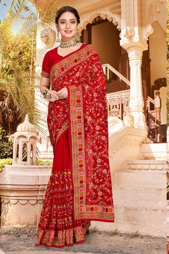 Red Kashmiri Resham Embroidered Georgette Party Wear Saree With Blouse Piece