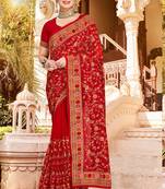 Red Kashmiri Resham Embroidered Georgette Party Wear Saree With Blouse Piece