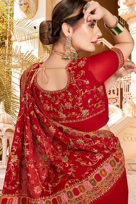 Red Kashmiri Resham Embroidered Georgette Party Wear Saree With Blouse Piece 2