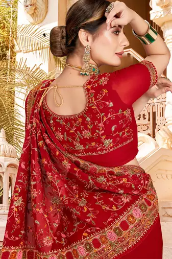 Red Kashmiri Resham Embroidered Georgette Party Wear Saree With Blouse Piece
