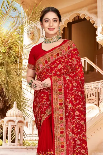 Red Kashmiri Resham Embroidered Georgette Party Wear Saree With Blouse Piece