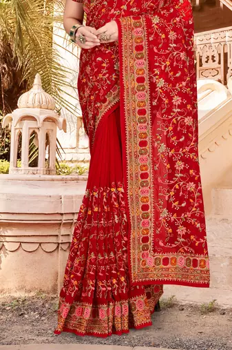 Red Kashmiri Resham Embroidered Georgette Party Wear Saree With Blouse Piece