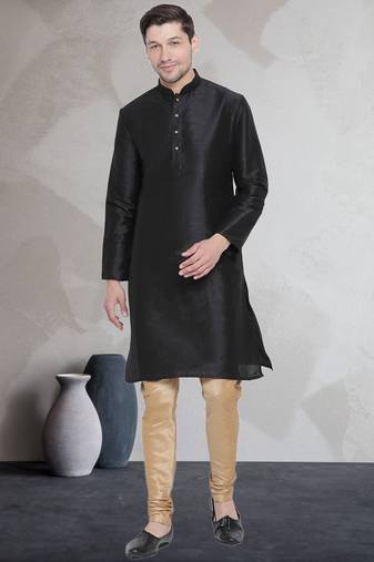 Black art dupion silk mens plain kurta pajama