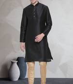 Black art dupion silk mens plain kurta pajama