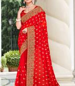 Red Zari Embroidered Stone Border Georgette Saree With Blouse Piece