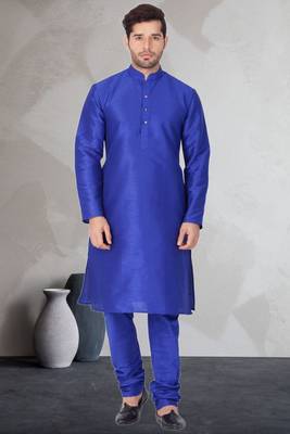 Blue art dupion silk mens plain kurta pajama 1