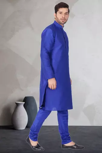 Blue art dupion silk mens plain kurta pajama
