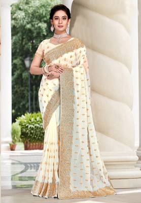 Off White Zari Embroidered Stone Border Georgette Saree With Blouse Piece 1