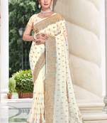 Off White Zari Embroidered Stone Border Georgette Saree With Blouse Piece