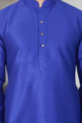 Blue art dupion silk mens plain kurta pajama