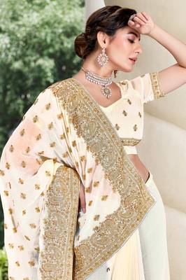 Off White Zari Embroidered Stone Border Georgette Saree With Blouse Piece 2