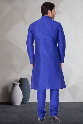 Blue art dupion silk mens plain kurta pajama 4