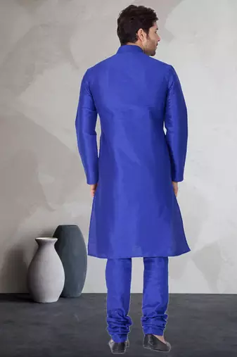 Blue art dupion silk mens plain kurta pajama