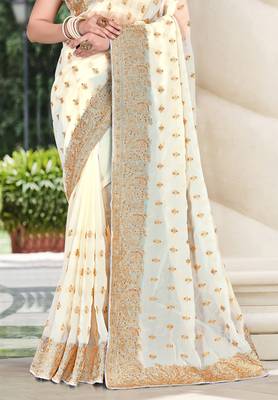 Off White Zari Embroidered Stone Border Georgette Saree With Blouse Piece 3