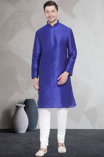 Blue art dupion silk mens plain kurta pajama