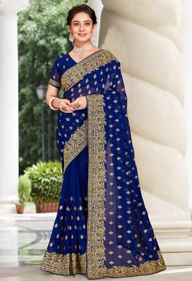 Navy Blue Zari Embroidered Stone Border Georgette Saree With Blouse Piece 1