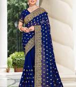 Navy Blue Zari Embroidered Stone Border Georgette Saree With Blouse Piece