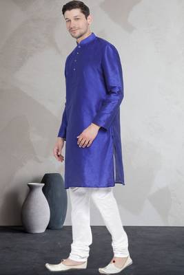 Blue art dupion silk mens plain kurta pajama 2