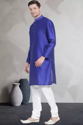 Blue art dupion silk mens plain kurta pajama