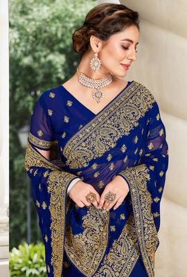 Navy Blue Zari Embroidered Stone Border Georgette Saree With Blouse Piece 2