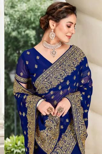 Navy Blue Zari Embroidered Stone Border Georgette Saree With Blouse Piece