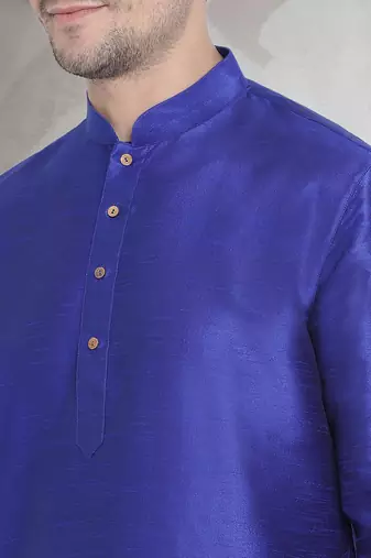 Blue art dupion silk mens plain kurta pajama