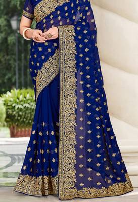 Navy Blue Zari Embroidered Stone Border Georgette Saree With Blouse Piece 3