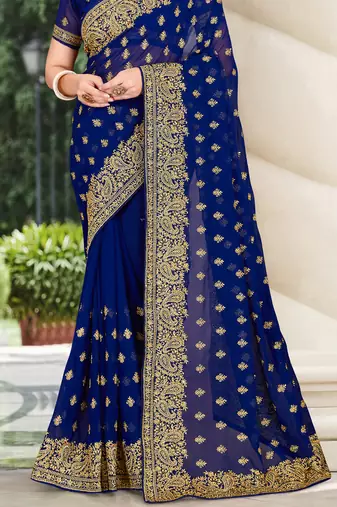 Navy Blue Zari Embroidered Stone Border Georgette Saree With Blouse Piece