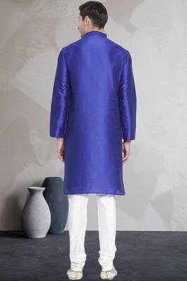 Blue art dupion silk mens plain kurta pajama 4