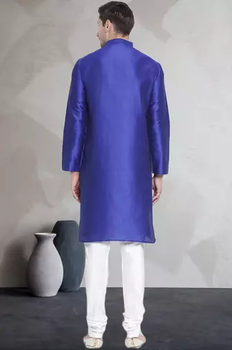 Blue art dupion silk mens plain kurta pajama
