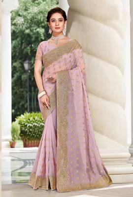 Lavender Zari Embroidered Stone Border Georgette Party Wear Saree With Blouse Piece 1