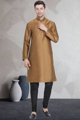 Gold art dupion silk mens plain kurta pajama 1