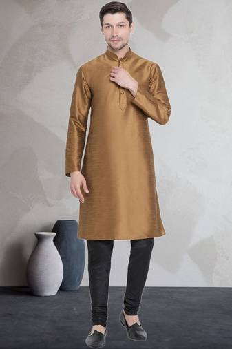 Gold art dupion silk mens plain kurta pajama