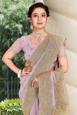 Lavender Zari Embroidered Stone Border Georgette Party Wear Saree With Blouse Piece 2