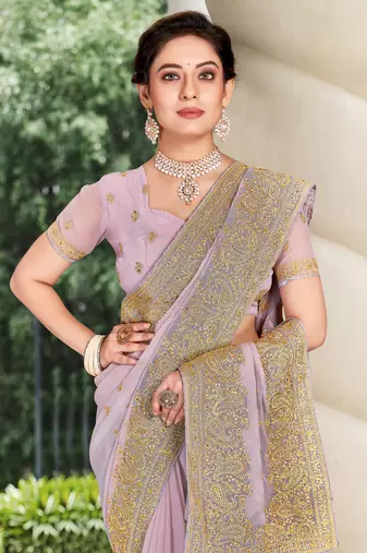 Lavender Zari Embroidered Stone Border Georgette Party Wear Saree With Blouse Piece