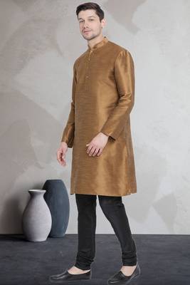 Gold art dupion silk mens plain kurta pajama 2
