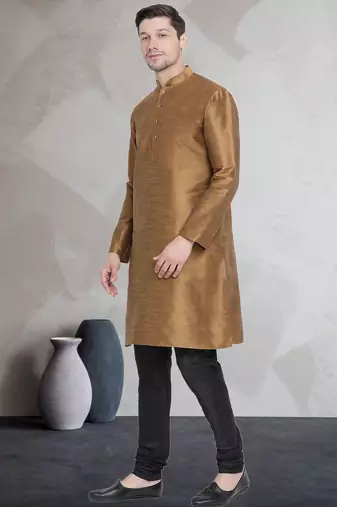 Gold art dupion silk mens plain kurta pajama
