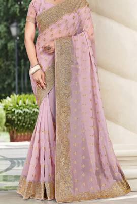 Lavender Zari Embroidered Stone Border Georgette Party Wear Saree With Blouse Piece 3