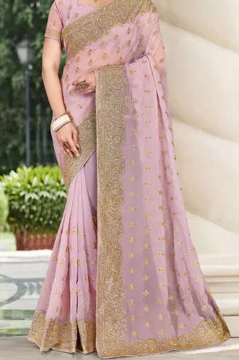 Lavender Zari Embroidered Stone Border Georgette Party Wear Saree With Blouse Piece