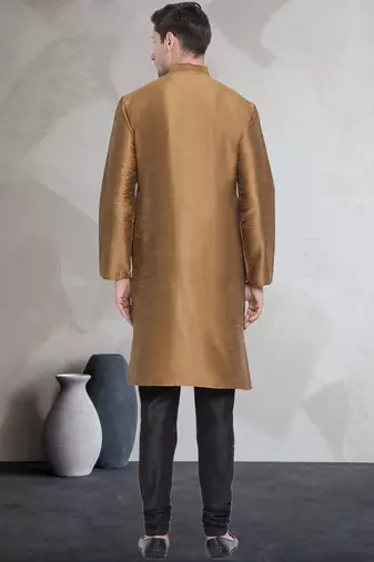 Gold art dupion silk mens plain kurta pajama