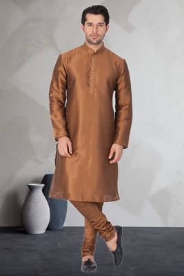 Gold art dupion silk mens plain kurta pajama 1