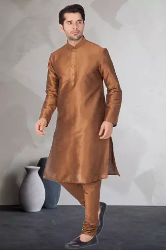 Gold art dupion silk mens plain kurta pajama