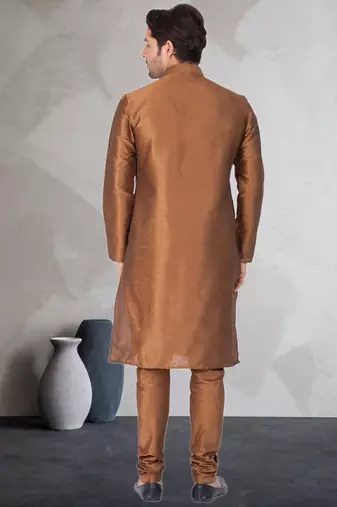 Gold art dupion silk mens plain kurta pajama