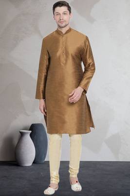 Gold art dupion silk mens plain kurta pajama 1